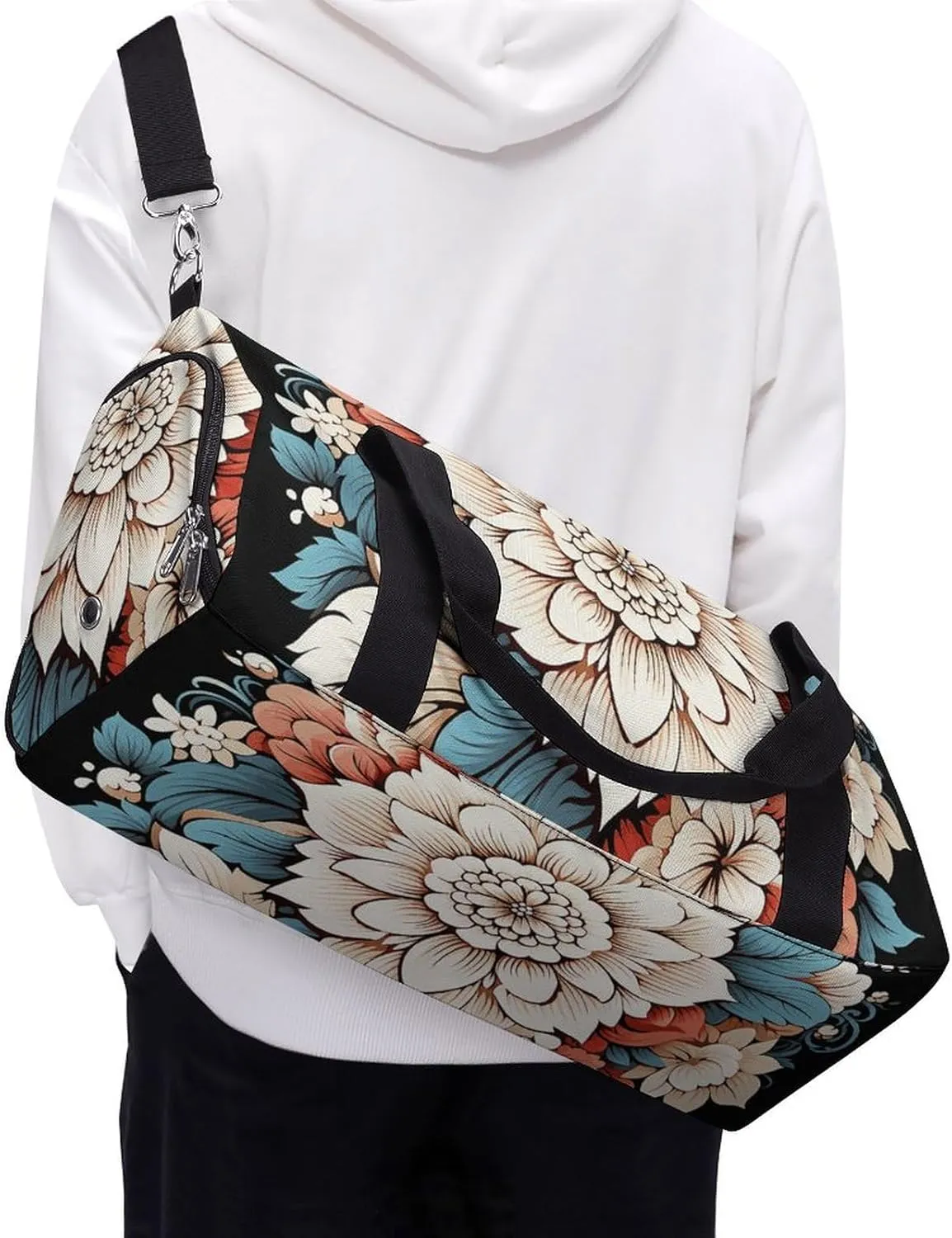 Gym Bag Floral Print Duffel Bag for Men Women Overnight Bag with Shoe Compartment Workout Bags