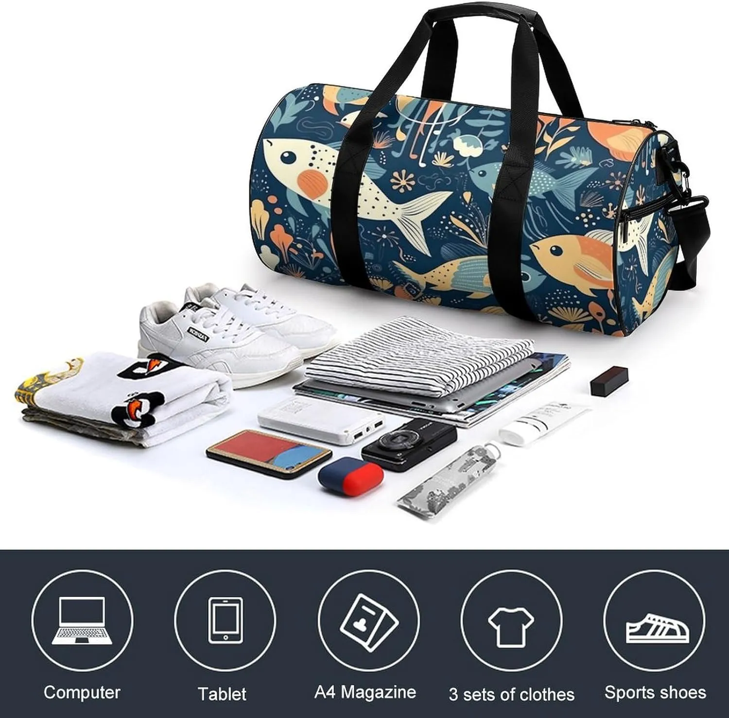Gym Bag for Men Women Cartoon Fish And Coral Duffel Bag Overnight Bag with Compartment Gym Sackpac