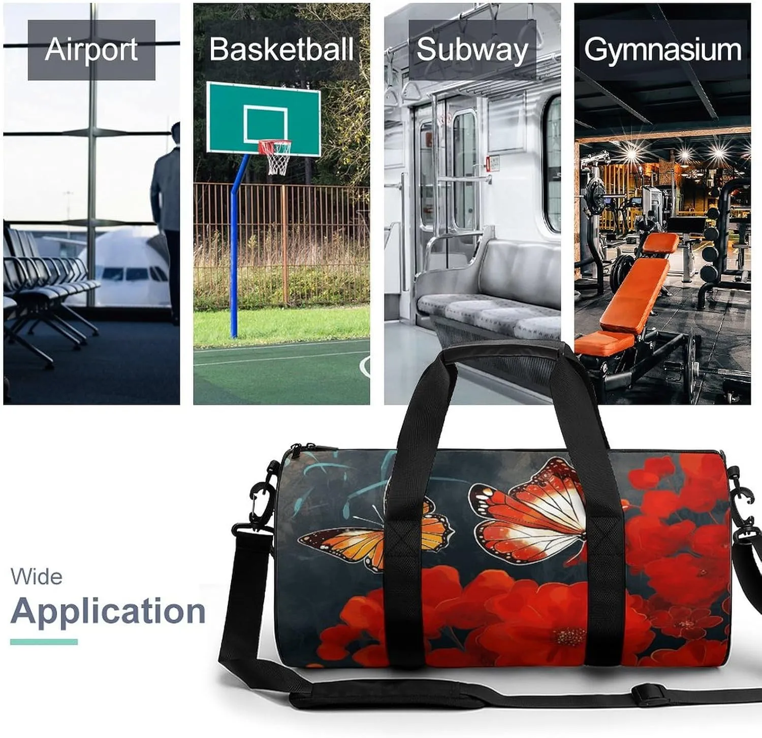 Gym Bag for Men Women Red Flowers And Butterflies Duffel Bag Overnight Bag with Compartment Gym Sackpac