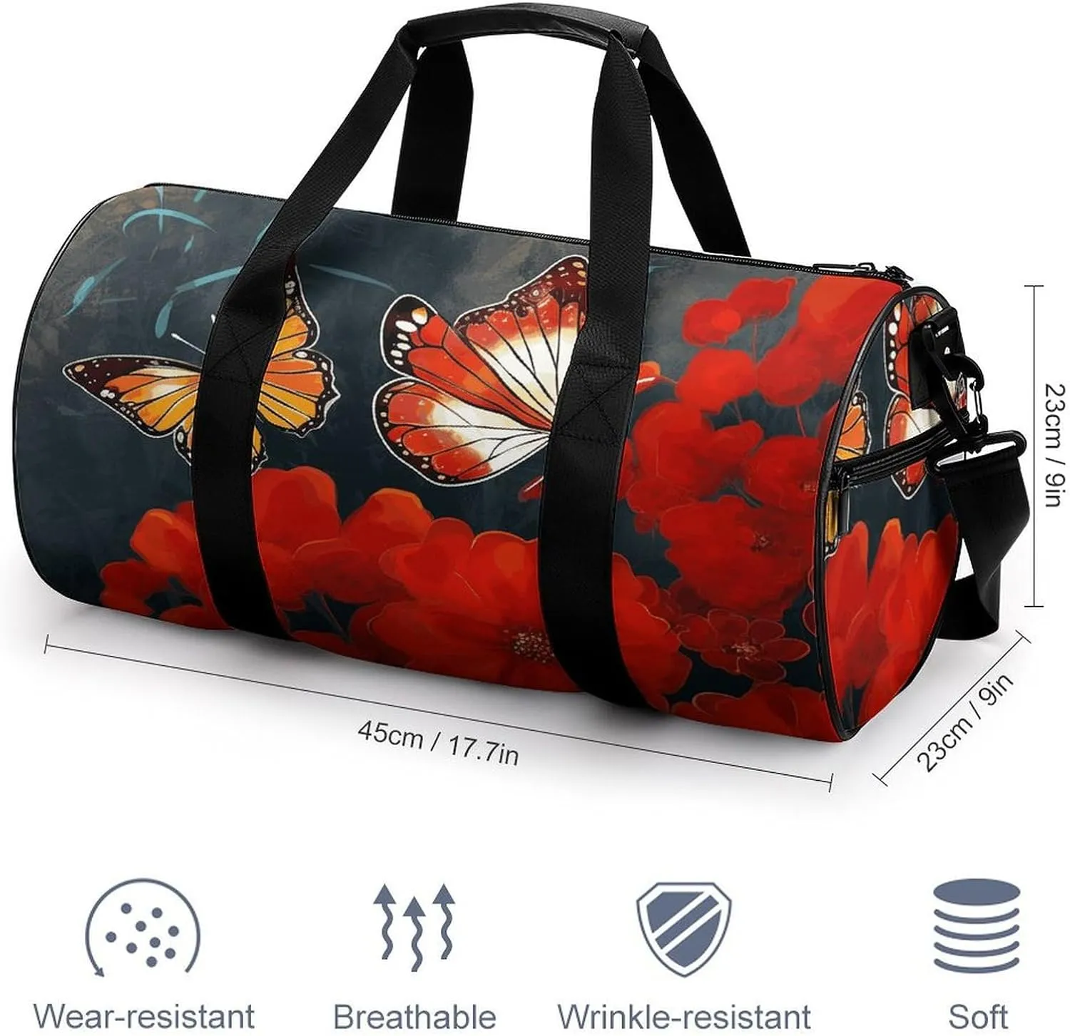 Gym Bag for Men Women Red Flowers And Butterflies Duffel Bag Overnight Bag with Compartment Gym Sackpac