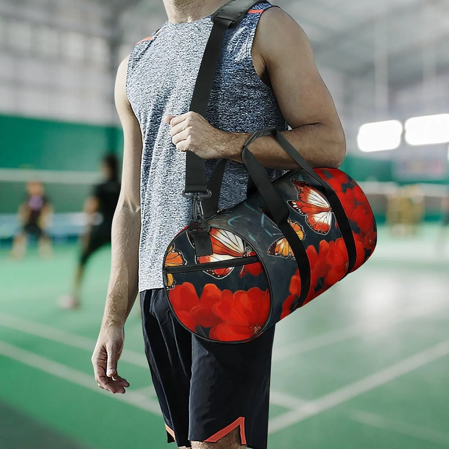 Gym Bag for Men Women Red Flowers And Butterflies Duffel Bag Overnight Bag with Compartment Gym Sackpac