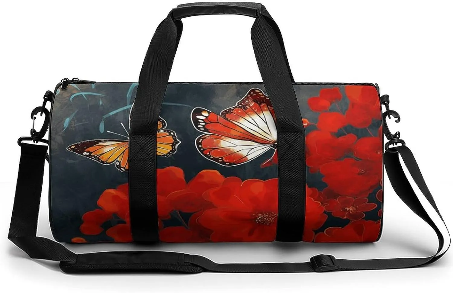 Gym Bag for Men Women Red Flowers And Butterflies Duffel Bag Overnight Bag with Compartment Gym Sackpac