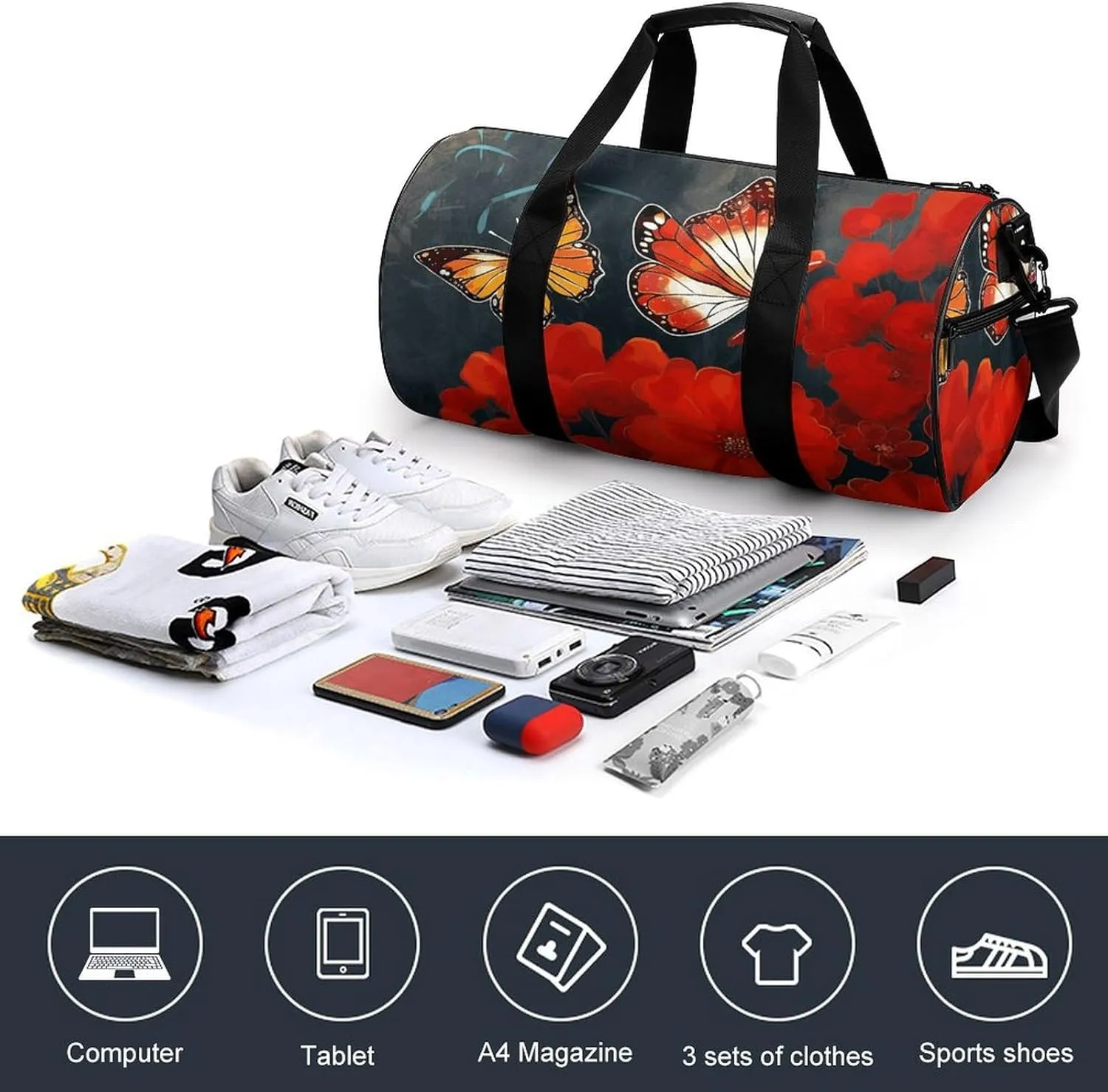 Gym Bag for Men Women Red Flowers And Butterflies Duffel Bag Overnight Bag with Compartment Gym Sackpac