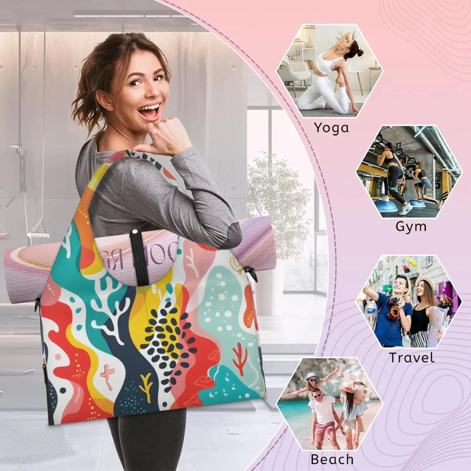 Gym Bag for Women Abstract Corals Duffel Bag with Shoe Compartment and Yoga Mat Holder Portable Weekender Bags Travel Tote Bags