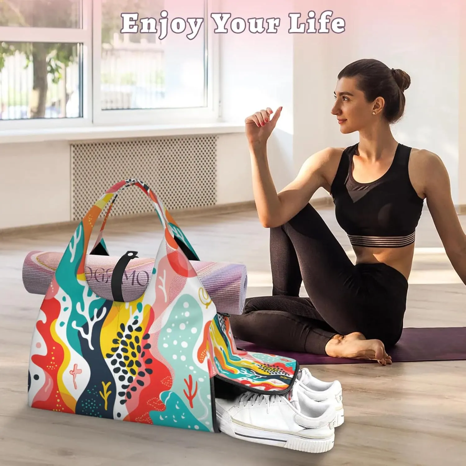 Gym Bag for Women Abstract Corals Duffel Bag with Shoe Compartment and Yoga Mat Holder Portable Weekender Bags Travel Tote Bags