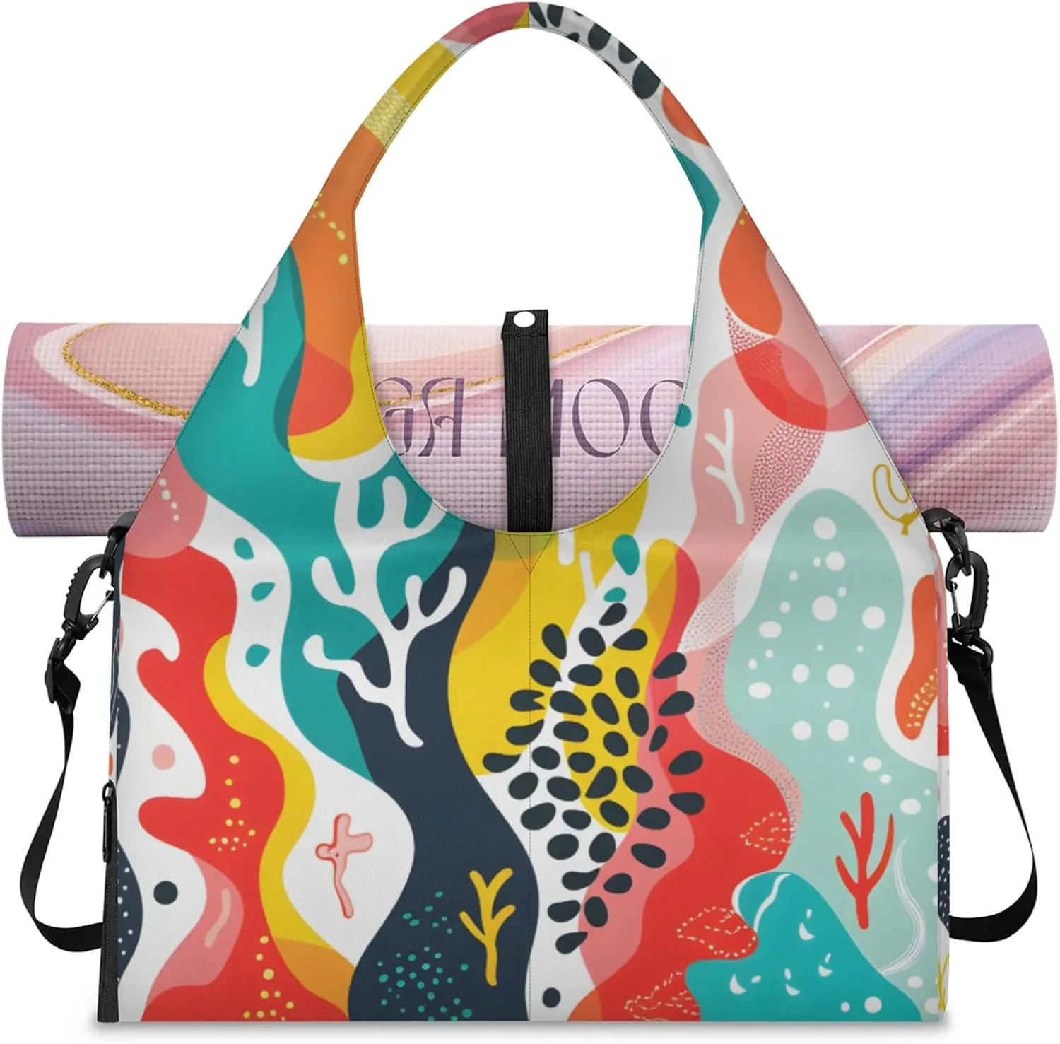Gym Bag for Women Abstract Corals Duffel Bag with Shoe Compartment and Yoga Mat Holder Portable Weekender Bags Travel Tote Bags