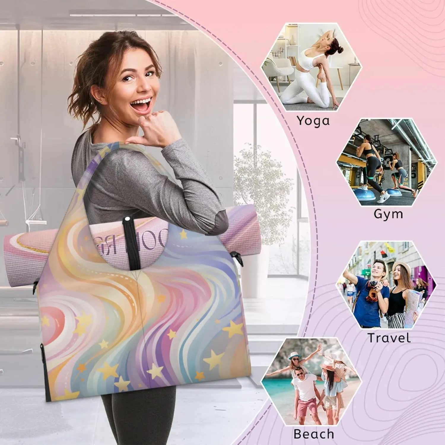 Gym Bag for Women Abstract Star Stripe Duffel Bag with Shoe Compartment and Yoga Mat Holder Portable Weekender Bags Travel Tote Bags
