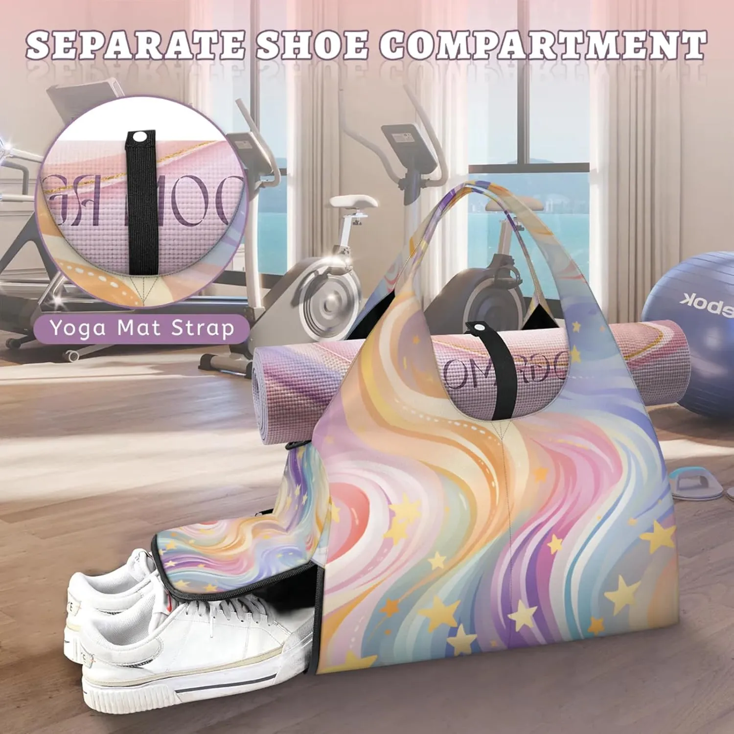 Gym Bag for Women Abstract Star Stripe Duffel Bag with Shoe Compartment and Yoga Mat Holder Portable Weekender Bags Travel Tote Bags