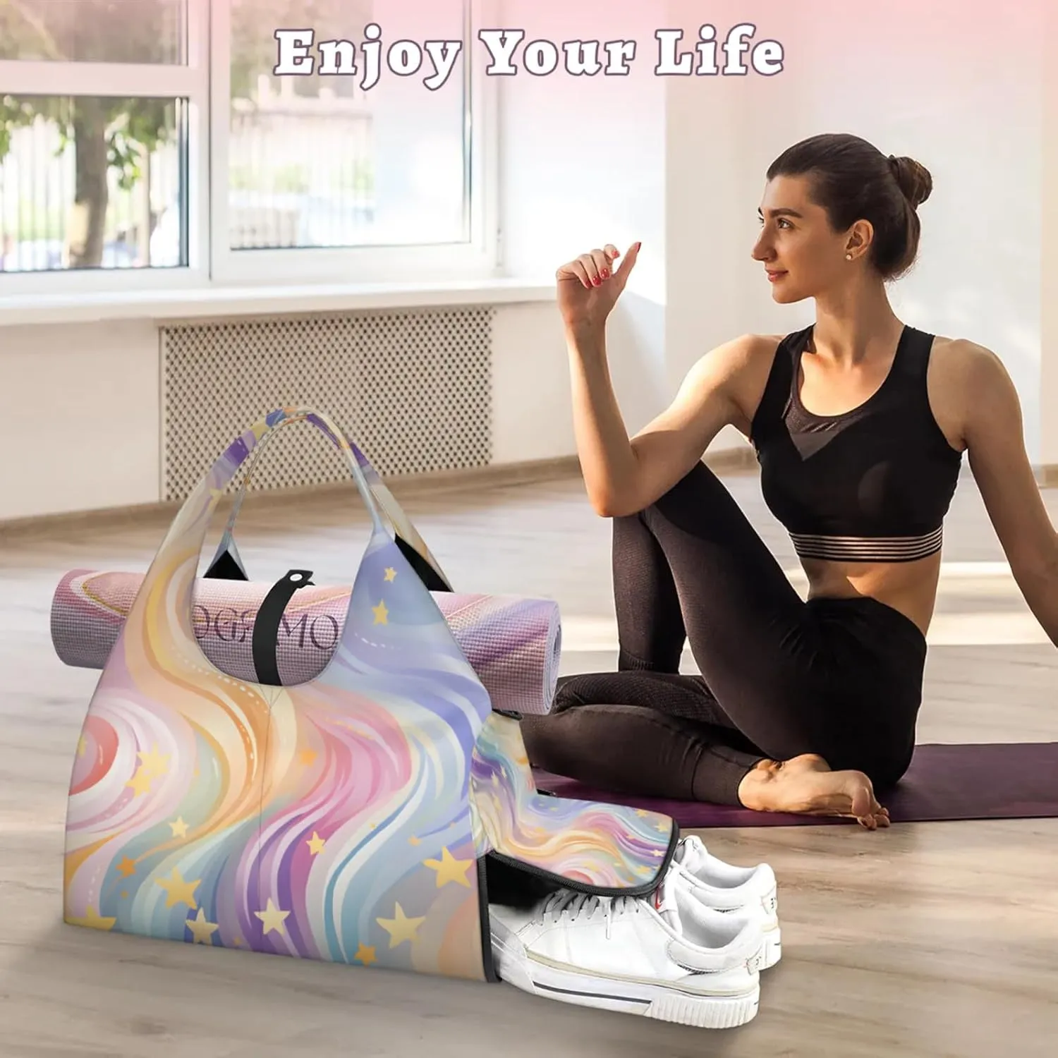 Gym Bag for Women Abstract Star Stripe Duffel Bag with Shoe Compartment and Yoga Mat Holder Portable Weekender Bags Travel Tote Bags