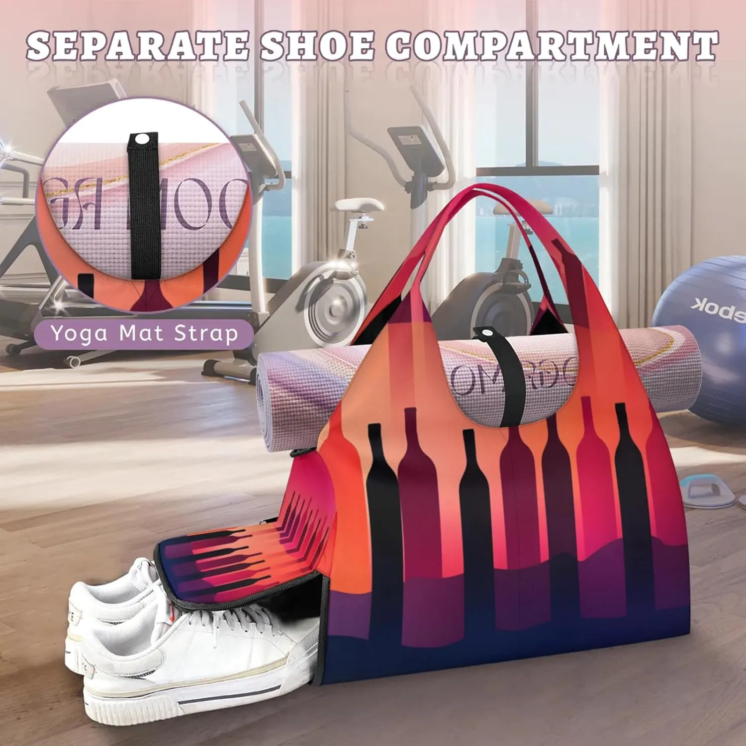 Gym Bag for Women Abstract Wine Bottle Duffel Bag with Shoe Compartment and Yoga Mat Holder Portable Weekender Bags Travel Tote Bags