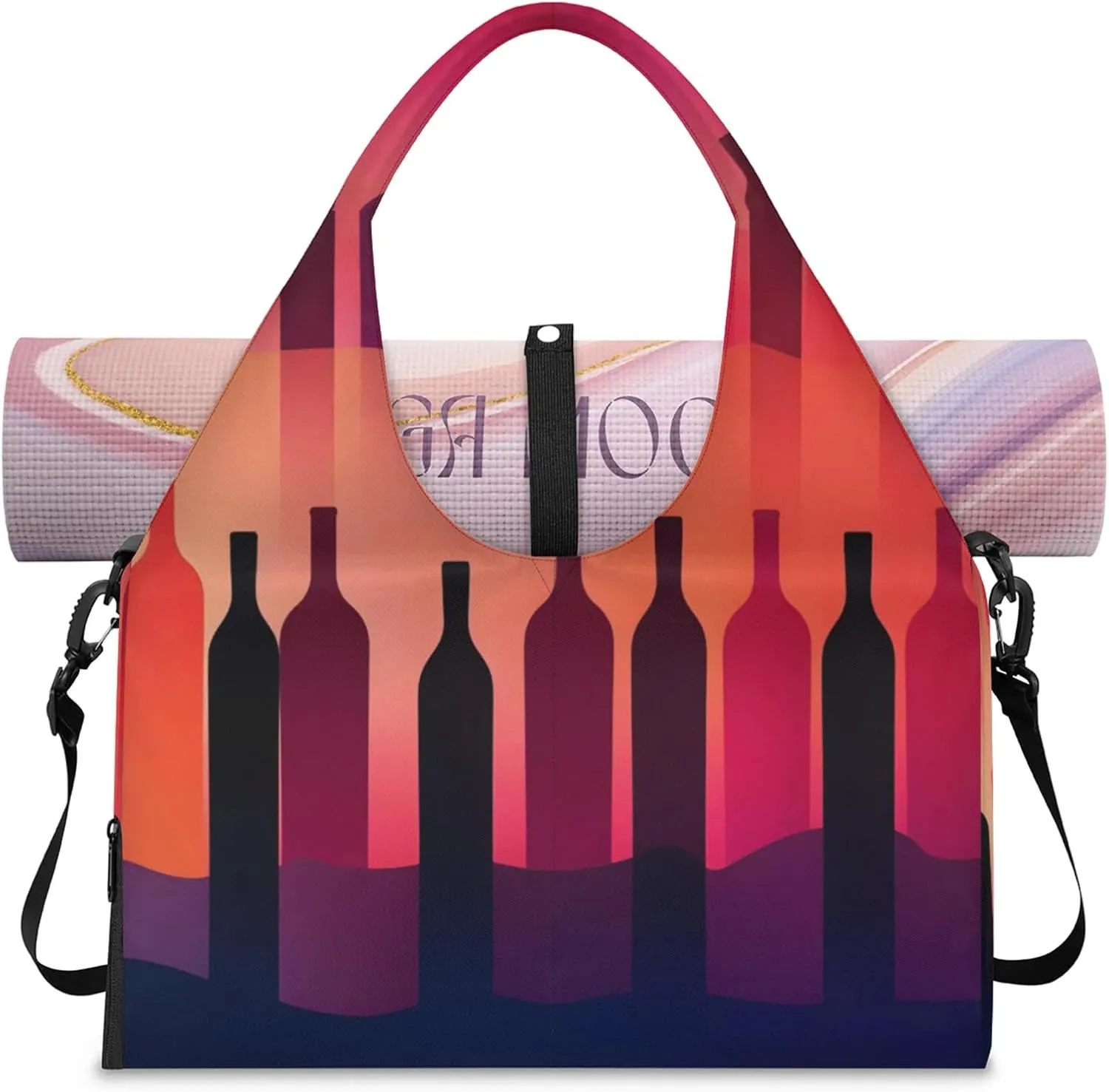 Gym Bag for Women Abstract Wine Bottle Duffel Bag with Shoe Compartment and Yoga Mat Holder Portable Weekender Bags Travel Tote Bags