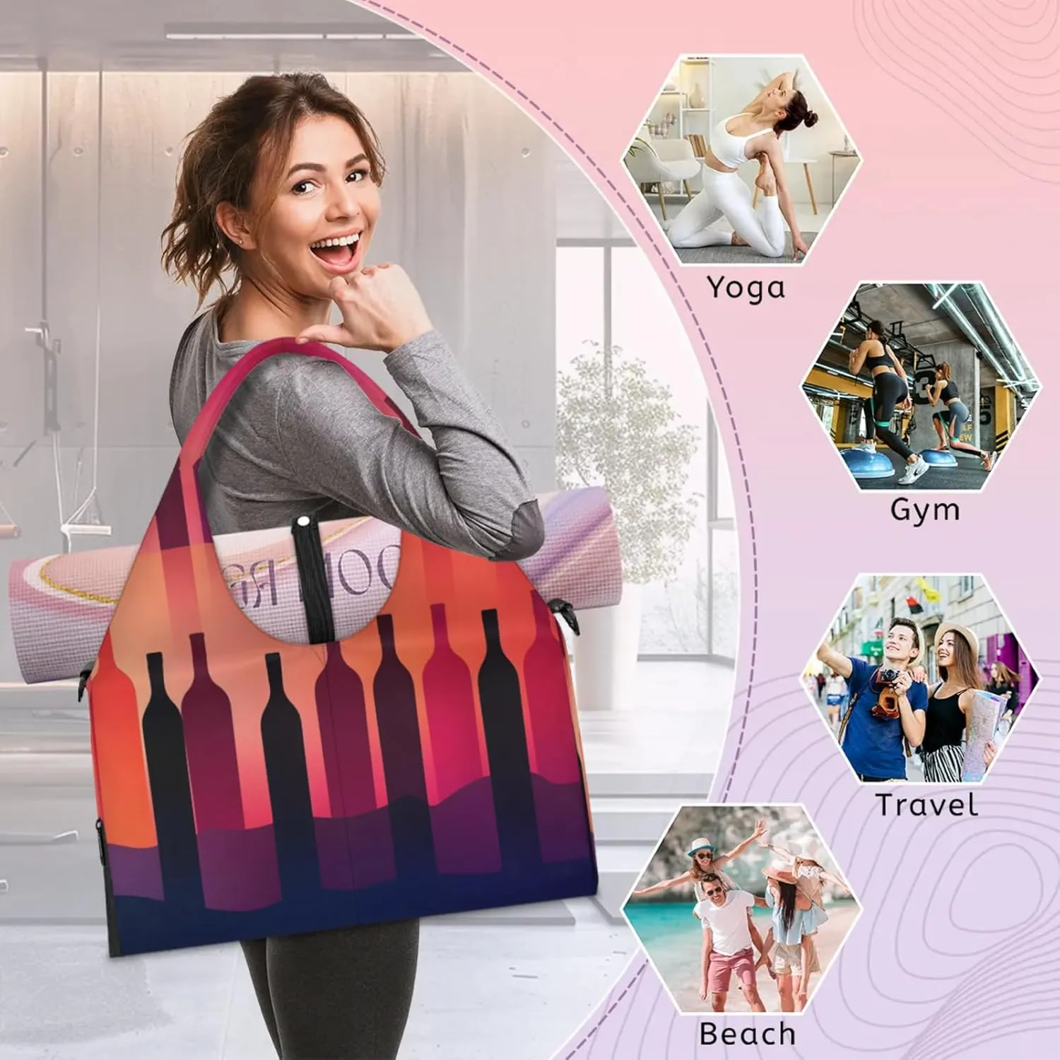 Gym Bag for Women Abstract Wine Bottle Duffel Bag with Shoe Compartment and Yoga Mat Holder Portable Weekender Bags Travel Tote Bags