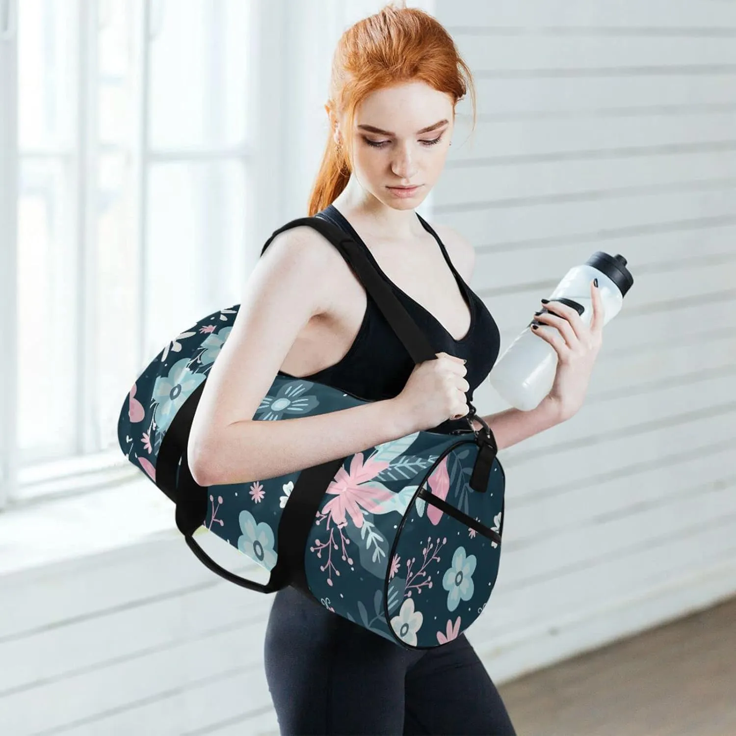 Gym Bag for Women and Men Small Duffel Bag for Sports Travel Weekender Overnight Vacation Beach Lightweight Carry on Bag for Boys Girls Floral Blue