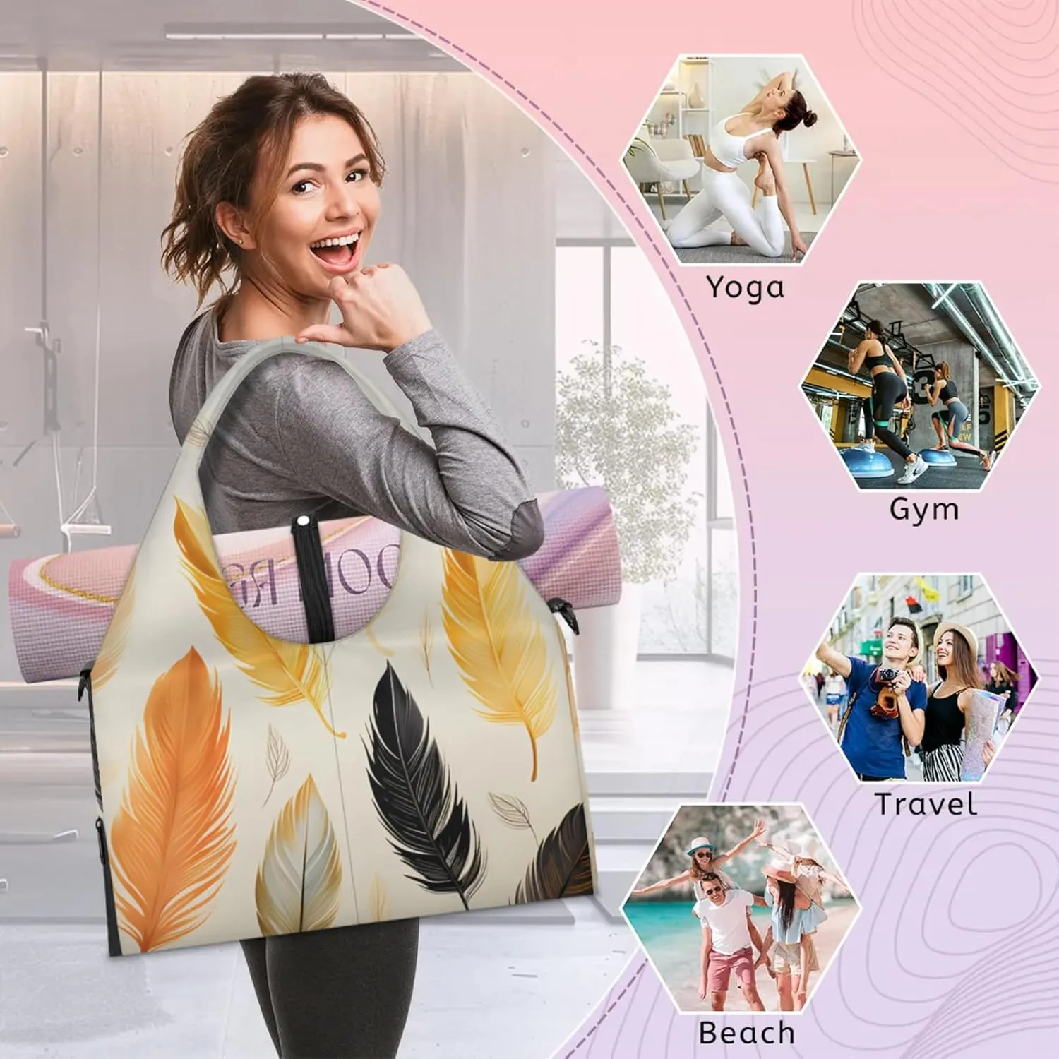 Gym Bag for Women Beautiful Feather Duffel Bag with Shoe Compartment and Yoga Mat Holder Portable Weekender Bags Travel Tote Bags