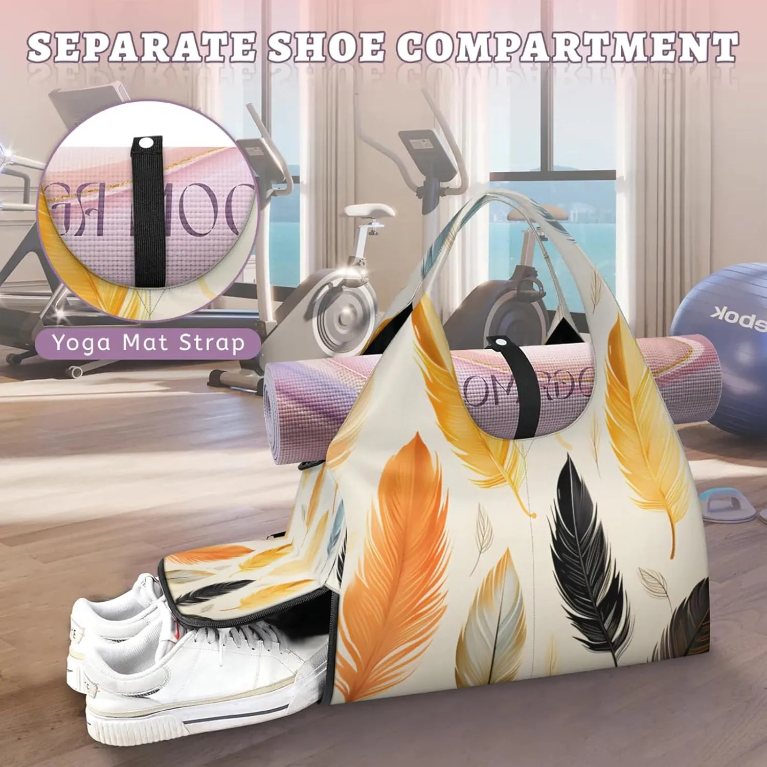Gym Bag for Women Beautiful Feather Duffel Bag with Shoe Compartment and Yoga Mat Holder Portable Weekender Bags Travel Tote Bags