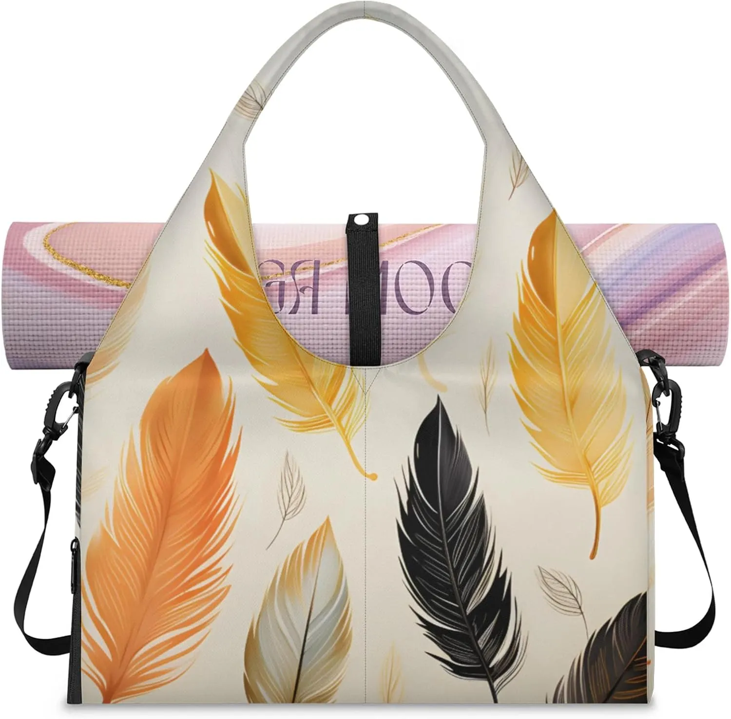 Gym Bag for Women Beautiful Feather Duffel Bag with Shoe Compartment and Yoga Mat Holder Portable Weekender Bags Travel Tote Bags