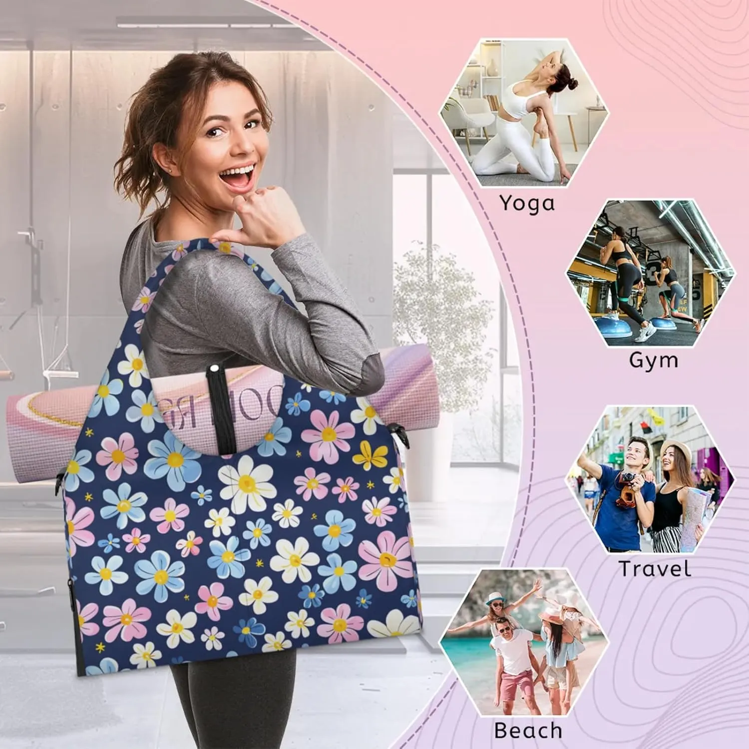 Gym Bag for Women Beautiful Floral Duffel Bag with Shoe Compartment and Yoga Mat Holder Portable Weekender Bags Travel Tote Bags