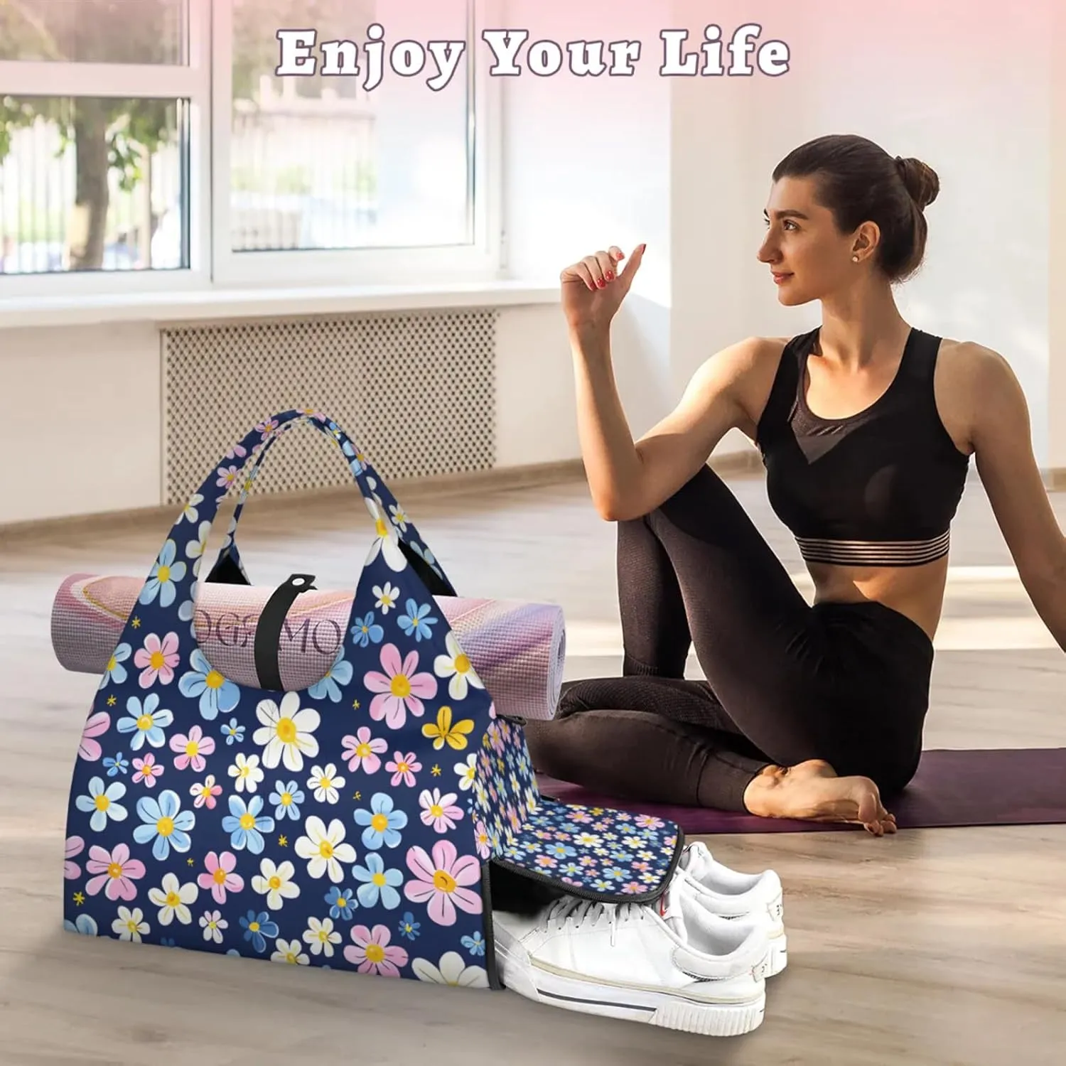Gym Bag for Women Beautiful Floral Duffel Bag with Shoe Compartment and Yoga Mat Holder Portable Weekender Bags Travel Tote Bags