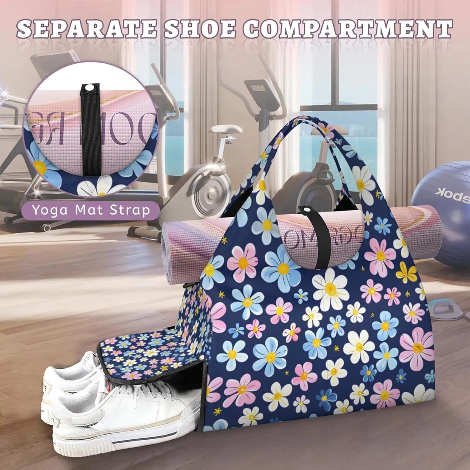 Gym Bag for Women Beautiful Floral Duffel Bag with Shoe Compartment and Yoga Mat Holder Portable Weekender Bags Travel Tote Bags