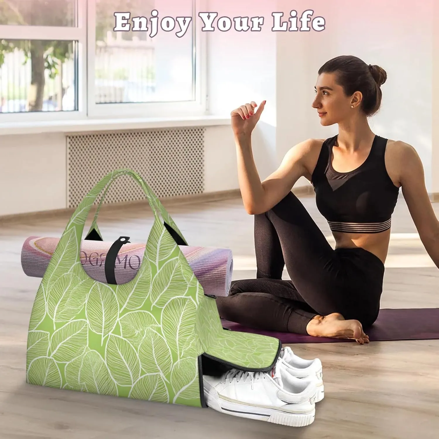 Gym Bag for Women Beautiful Leaf Veins Duffel Bag with Shoe Compartment and Yoga Mat Holder Portable Weekender Bags Travel Tote Bags