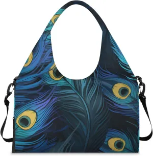 Gym Bag for Women Beautiful Peacock Feathers Duffel Bag with Shoe Compartment and Yoga Mat Holder Portable Weekender Bags Travel Tote Bags