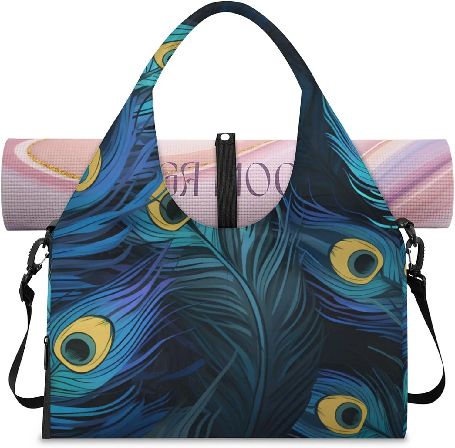 Gym Bag for Women Beautiful Peacock Feathers Duffel Bag with Shoe Compartment and Yoga Mat Holder Portable Weekender Bags Travel Tote Bags