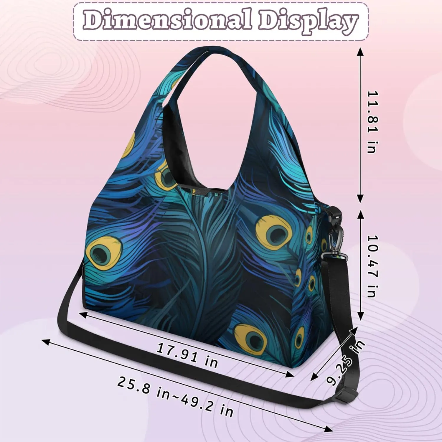 Gym Bag for Women Beautiful Peacock Feathers Duffel Bag with Shoe Compartment and Yoga Mat Holder Portable Weekender Bags Travel Tote Bags