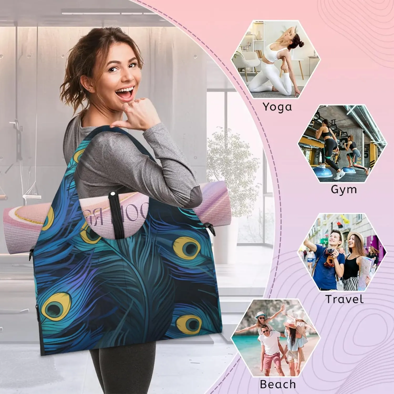 Gym Bag for Women Beautiful Peacock Feathers Duffel Bag with Shoe Compartment and Yoga Mat Holder Portable Weekender Bags Travel Tote Bags