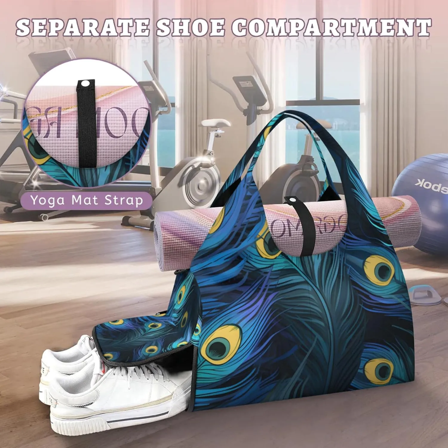 Gym Bag for Women Beautiful Peacock Feathers Duffel Bag with Shoe Compartment and Yoga Mat Holder Portable Weekender Bags Travel Tote Bags