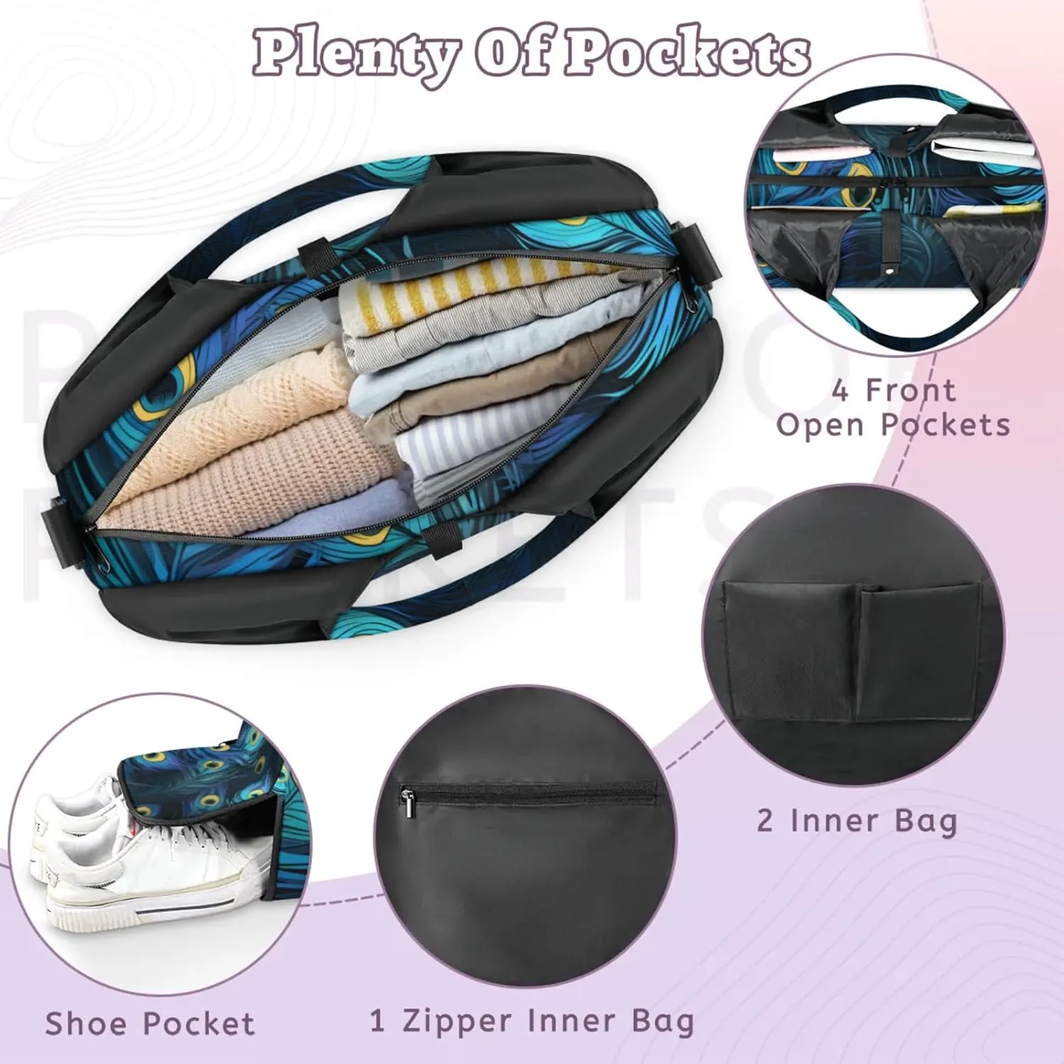 Gym Bag for Women Beautiful Peacock Feathers Duffel Bag with Shoe Compartment and Yoga Mat Holder Portable Weekender Bags Travel Tote Bags