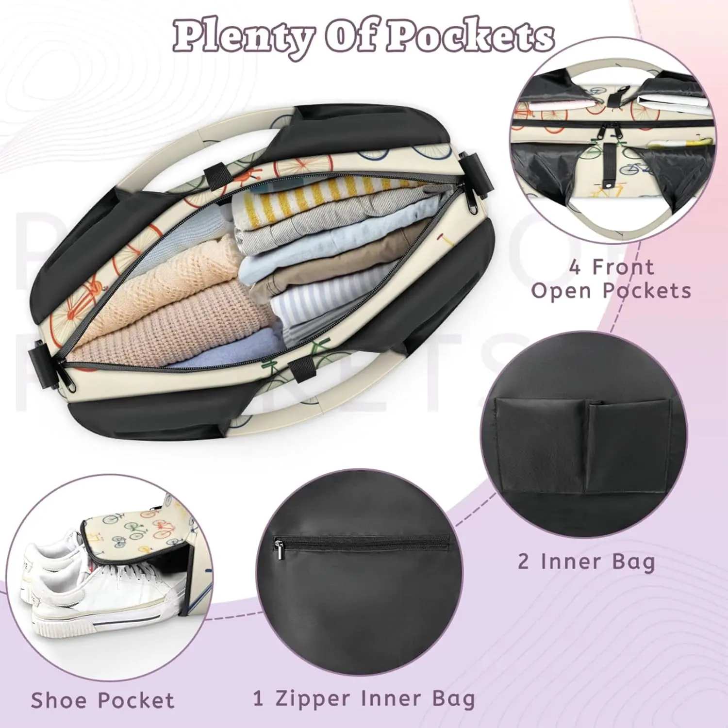 Gym Bag for Women Bikes Print Duffel Bag with Shoe Compartment and Yoga Mat Holder Portable Weekender Bags Travel Tote Bags