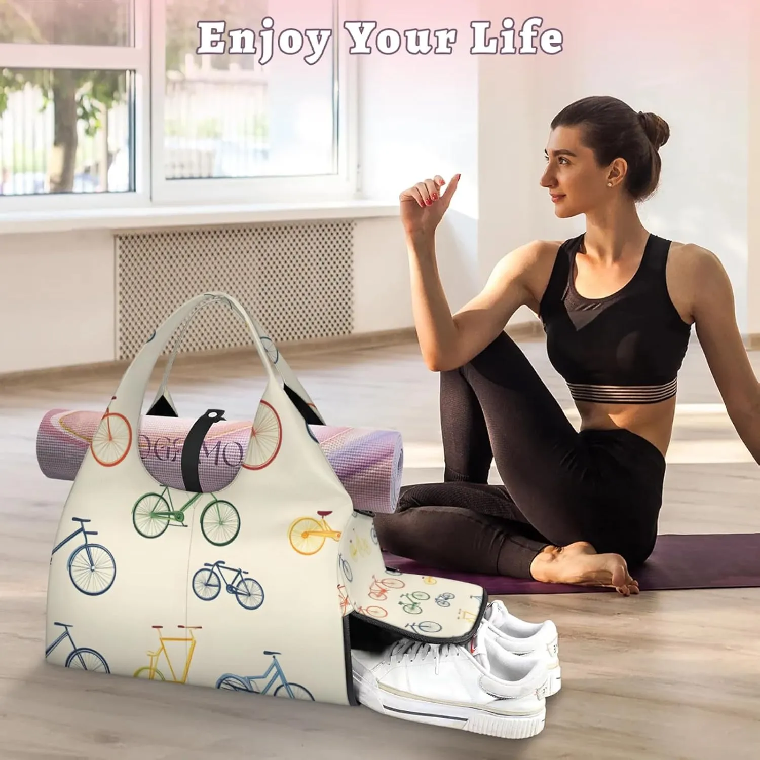 Gym Bag for Women Bikes Print Duffel Bag with Shoe Compartment and Yoga Mat Holder Portable Weekender Bags Travel Tote Bags