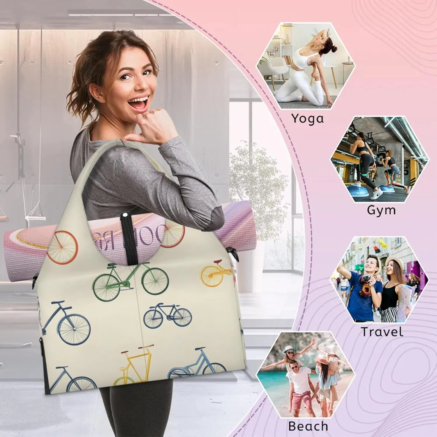 Gym Bag for Women Bikes Print Duffel Bag with Shoe Compartment and Yoga Mat Holder Portable Weekender Bags Travel Tote Bags