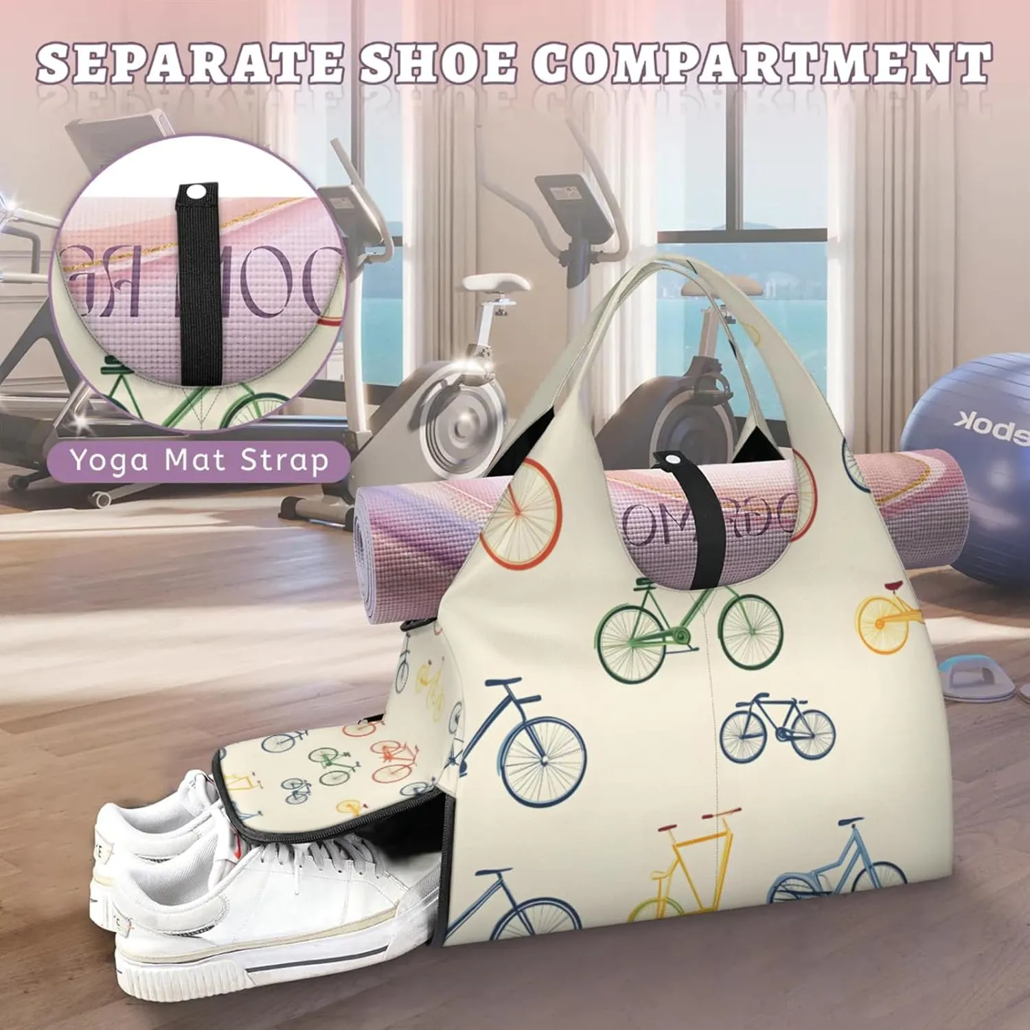 Gym Bag for Women Bikes Print Duffel Bag with Shoe Compartment and Yoga Mat Holder Portable Weekender Bags Travel Tote Bags