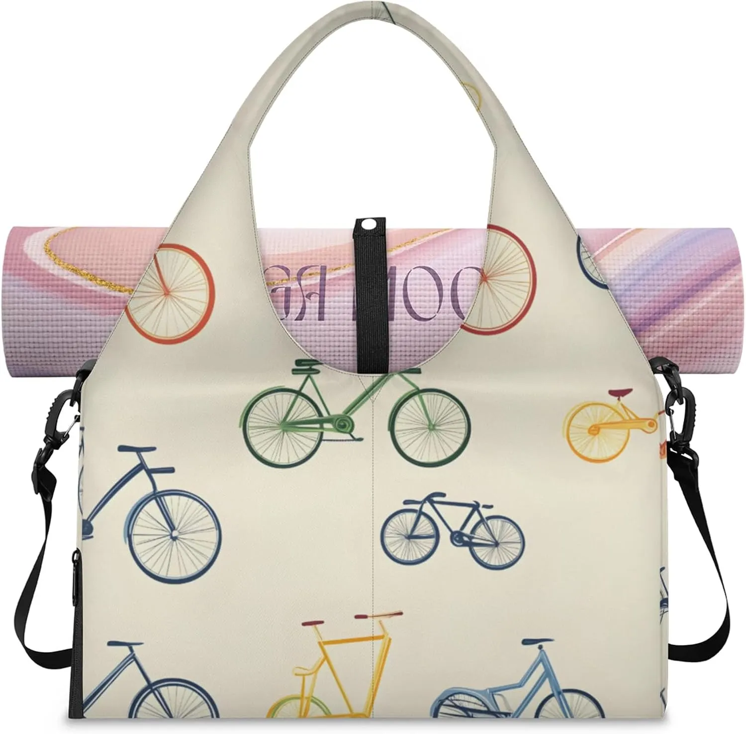 Gym Bag for Women Bikes Print Duffel Bag with Shoe Compartment and Yoga Mat Holder Portable Weekender Bags Travel Tote Bags