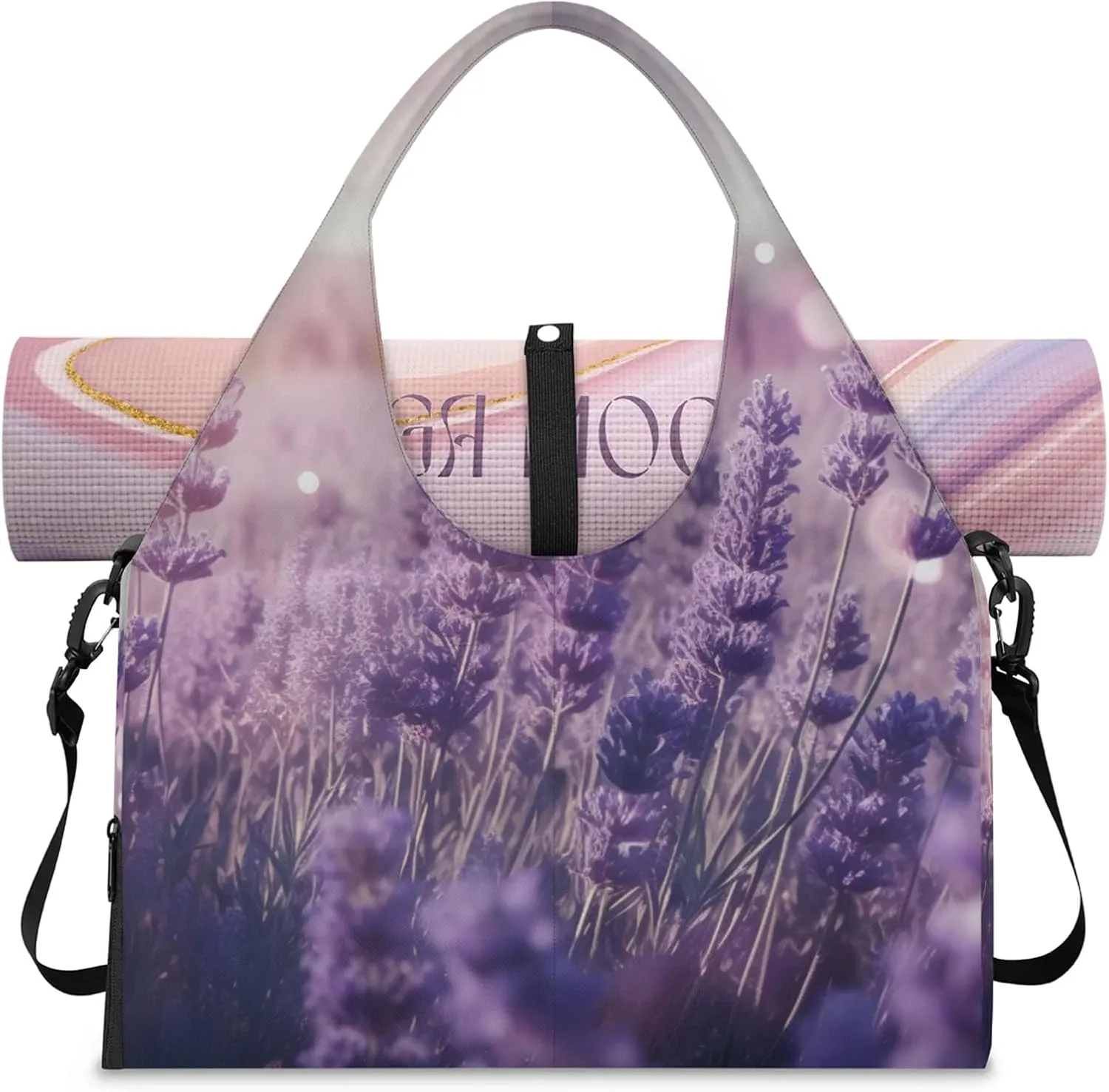 Gym Bag for Women Bloom Flowers Lavender Duffel Bag with Shoe Compartment and Yoga Mat Holder Portable Weekender Bags Travel Tote Bags