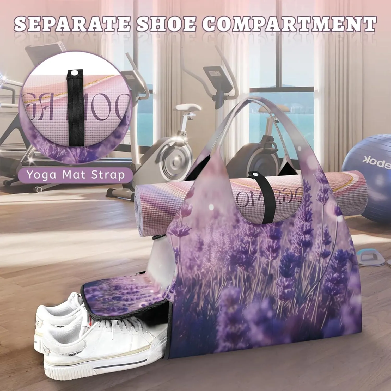 Gym Bag for Women Bloom Flowers Lavender Duffel Bag with Shoe Compartment and Yoga Mat Holder Portable Weekender Bags Travel Tote Bags
