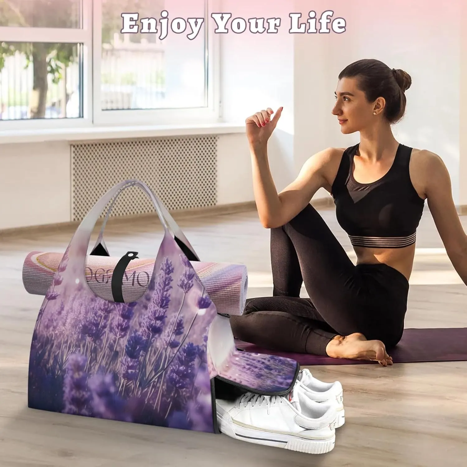 Gym Bag for Women Bloom Flowers Lavender Duffel Bag with Shoe Compartment and Yoga Mat Holder Portable Weekender Bags Travel Tote Bags
