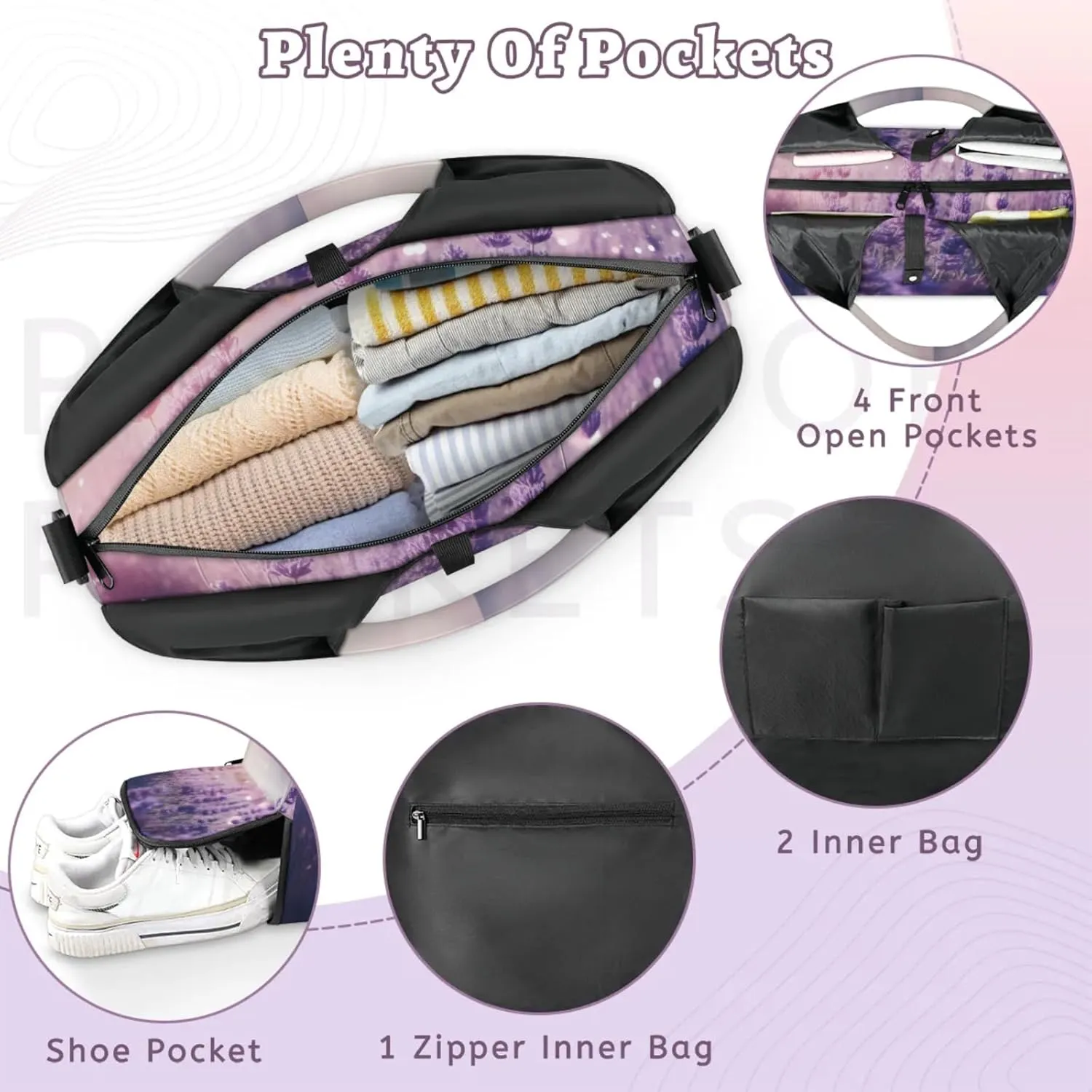 Gym Bag for Women Bloom Flowers Lavender Duffel Bag with Shoe Compartment and Yoga Mat Holder Portable Weekender Bags Travel Tote Bags