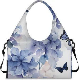 Gym Bag for Women Bloom Hydrangea Flowers Duffel Bag with Shoe Compartment and Yoga Mat Holder Portable Weekender Bags Travel Tote Bags
