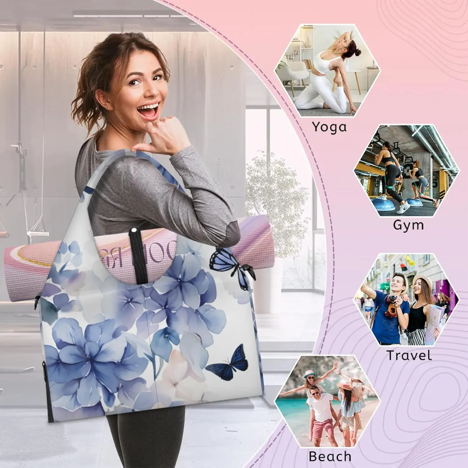 Gym Bag for Women Bloom Hydrangea Flowers Duffel Bag with Shoe Compartment and Yoga Mat Holder Portable Weekender Bags Travel Tote Bags