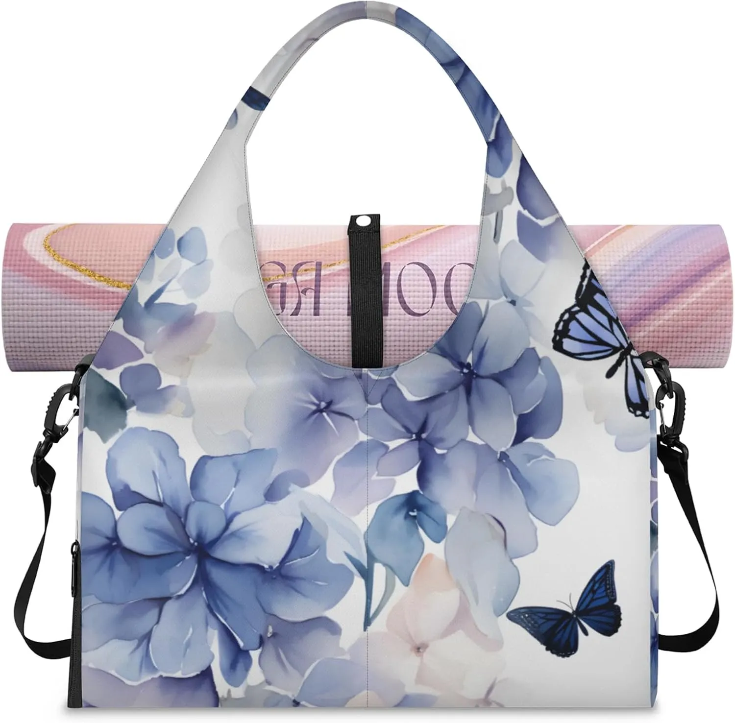 Gym Bag for Women Bloom Hydrangea Flowers Duffel Bag with Shoe Compartment and Yoga Mat Holder Portable Weekender Bags Travel Tote Bags