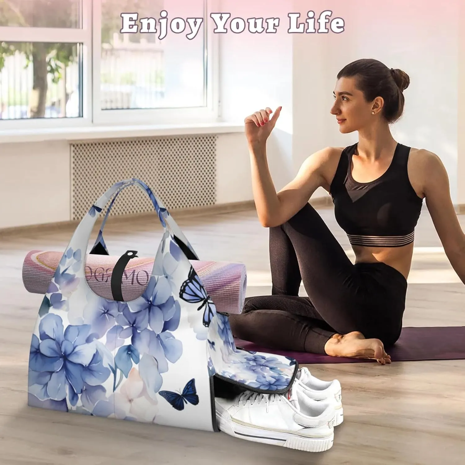 Gym Bag for Women Bloom Hydrangea Flowers Duffel Bag with Shoe Compartment and Yoga Mat Holder Portable Weekender Bags Travel Tote Bags