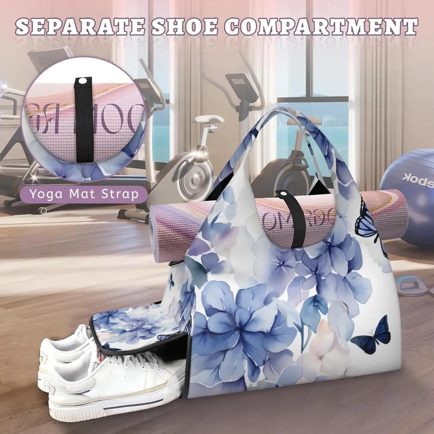 Gym Bag for Women Bloom Hydrangea Flowers Duffel Bag with Shoe Compartment and Yoga Mat Holder Portable Weekender Bags Travel Tote Bags