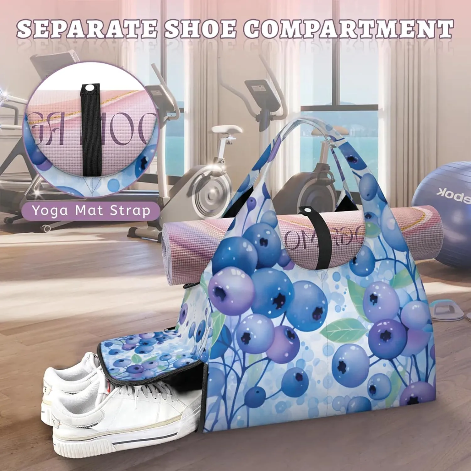 Gym Bag for Women Blueberries Duffel Bag with Shoe Compartment and Yoga Mat Holder Portable Weekender Bags Travel Tote Bags