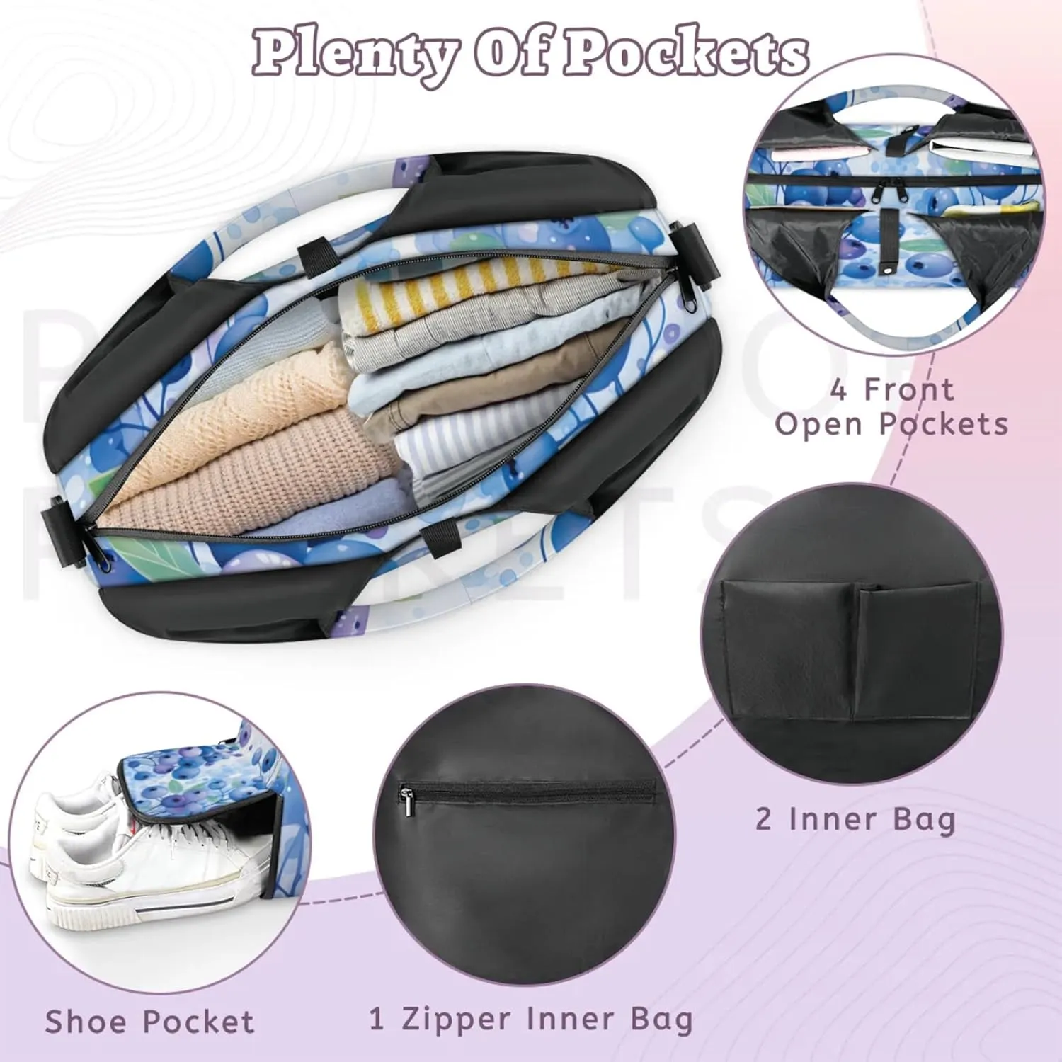 Gym Bag for Women Blueberries Duffel Bag with Shoe Compartment and Yoga Mat Holder Portable Weekender Bags Travel Tote Bags