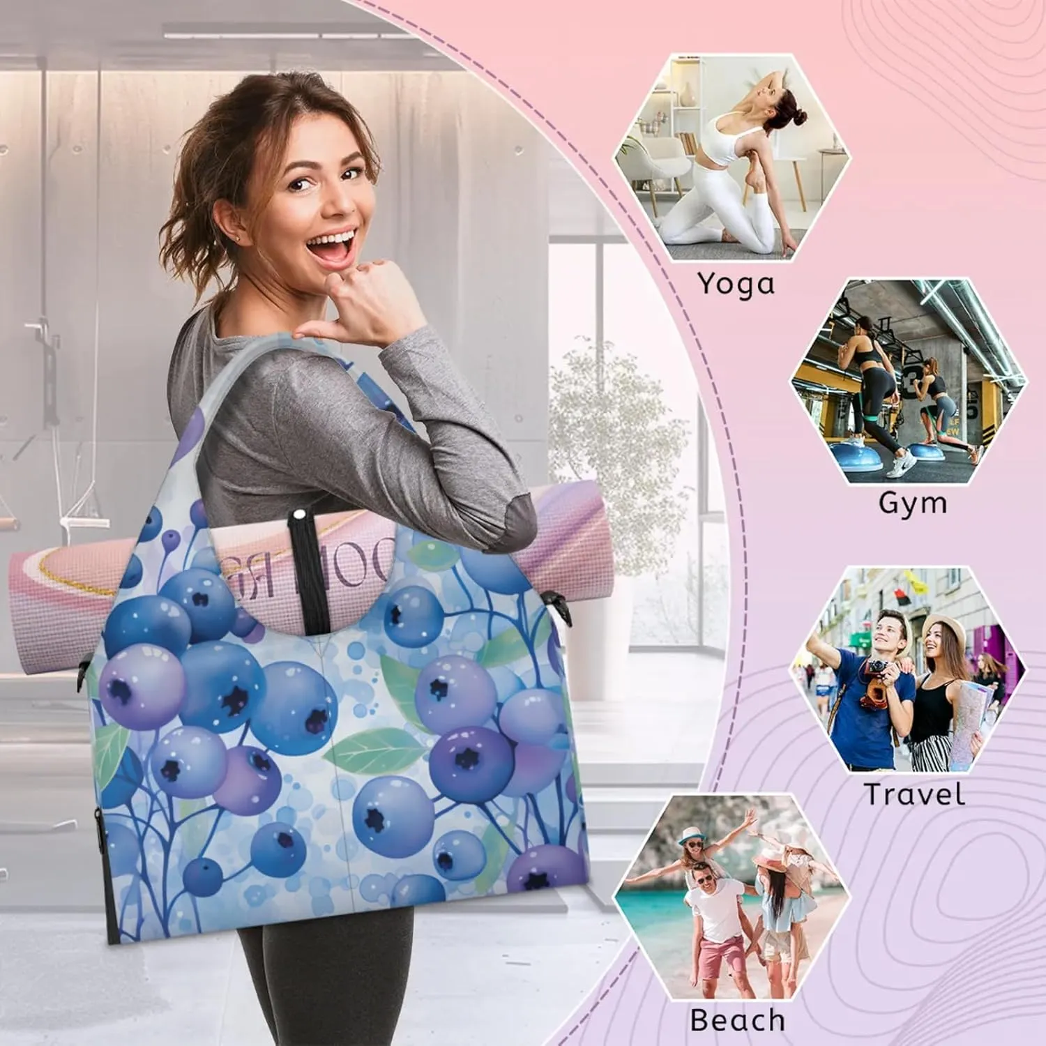 Gym Bag for Women Blueberries Duffel Bag with Shoe Compartment and Yoga Mat Holder Portable Weekender Bags Travel Tote Bags
