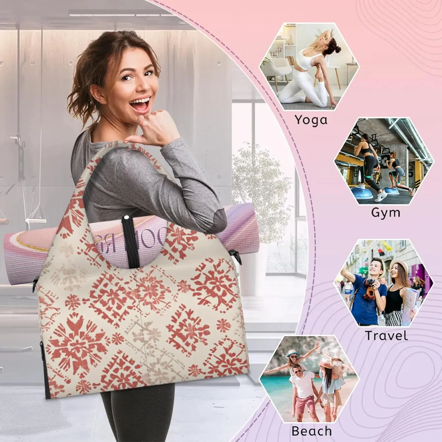 Gym Bag for Women Boho Duffel Bag with Shoe Compartment and Yoga Mat Holder Portable Weekender Bags Travel Tote Bags