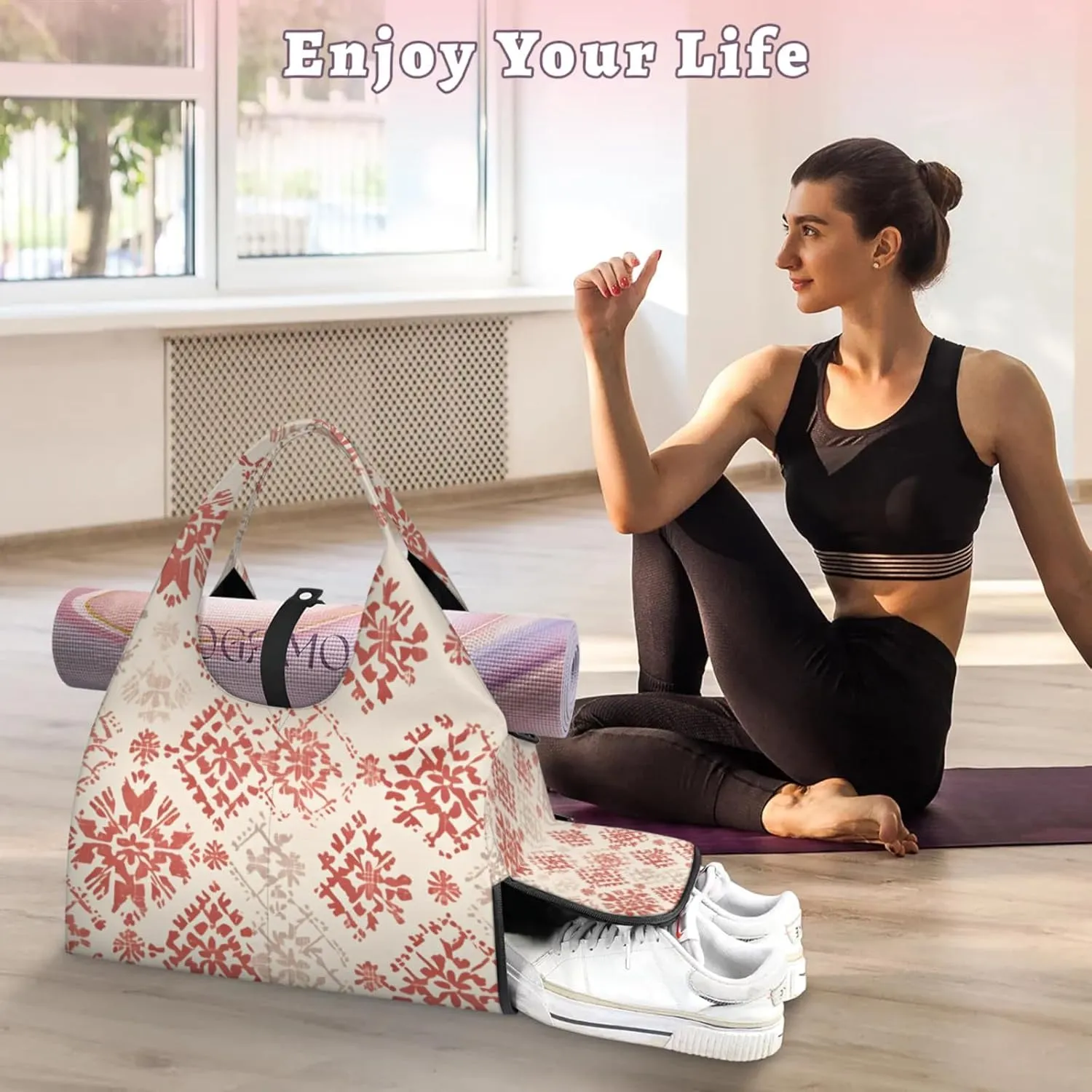 Gym Bag for Women Boho Duffel Bag with Shoe Compartment and Yoga Mat Holder Portable Weekender Bags Travel Tote Bags