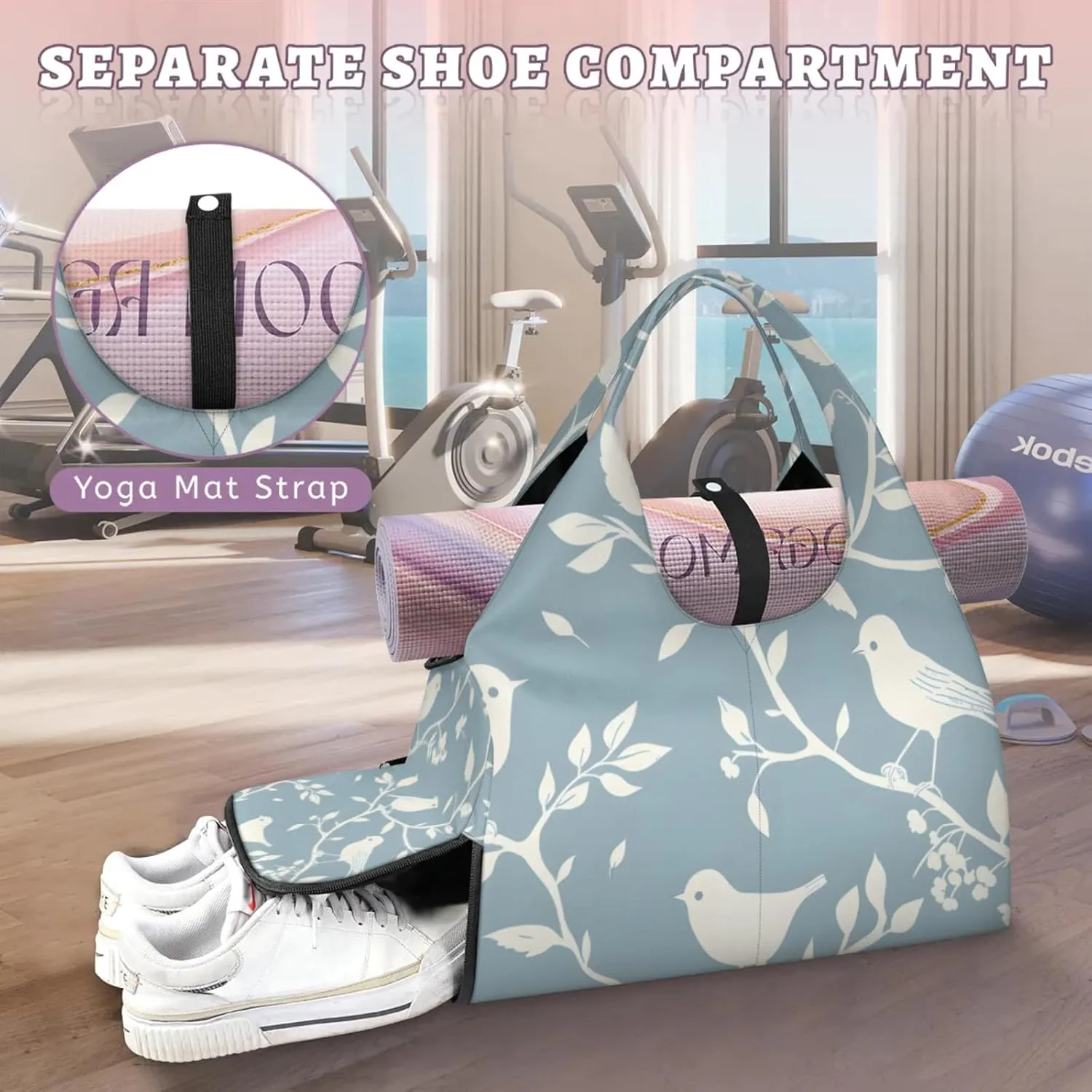 Gym Bag for Women Branches Birds Duffel Bag with Shoe Compartment and Yoga Mat Holder Portable Weekender Bags Travel Tote Bags